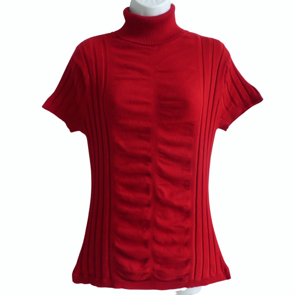 Cache Red Turtleneck Sweater Short Cap Sleeves Ruched Front Ribbed Pinup L